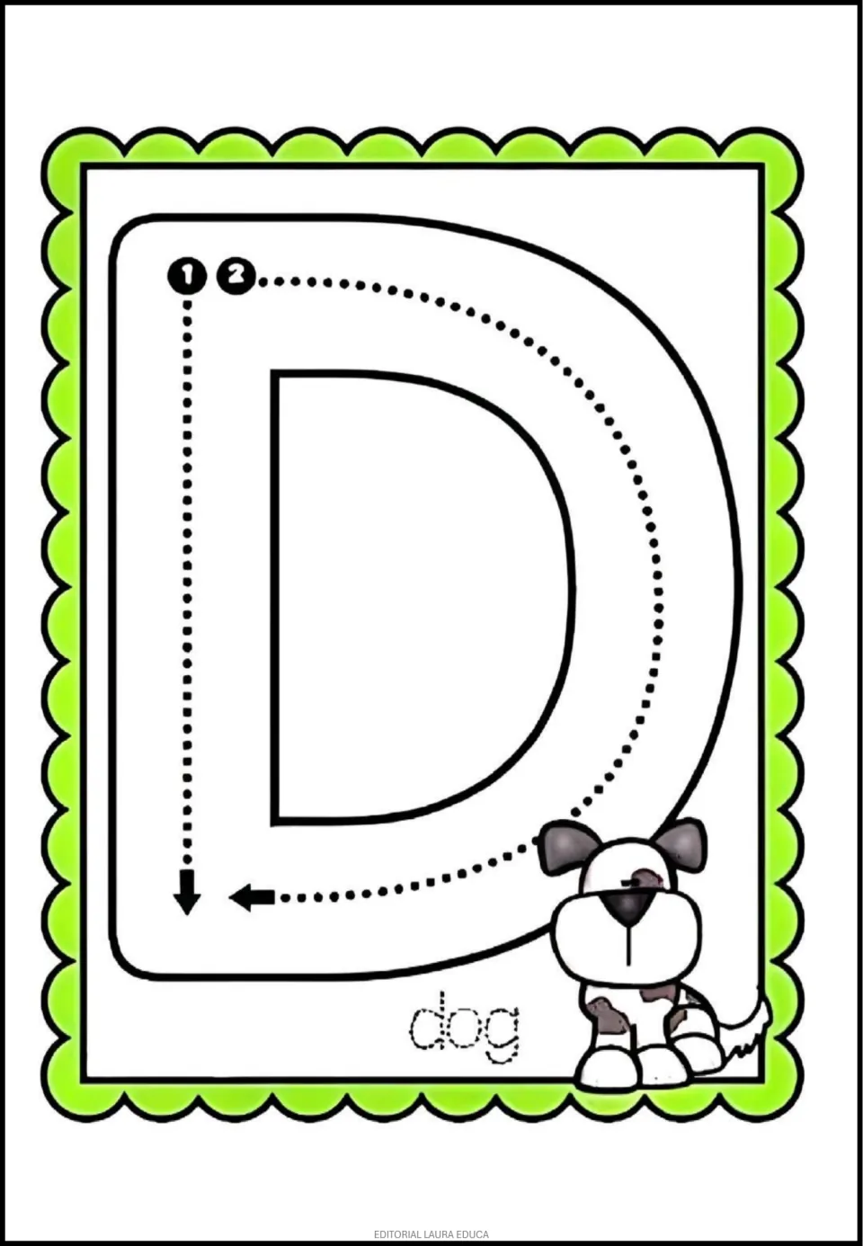 Alphabet tracing card D: uppercase D with two numbered strokes and a dog beside the dotted word 'dog'