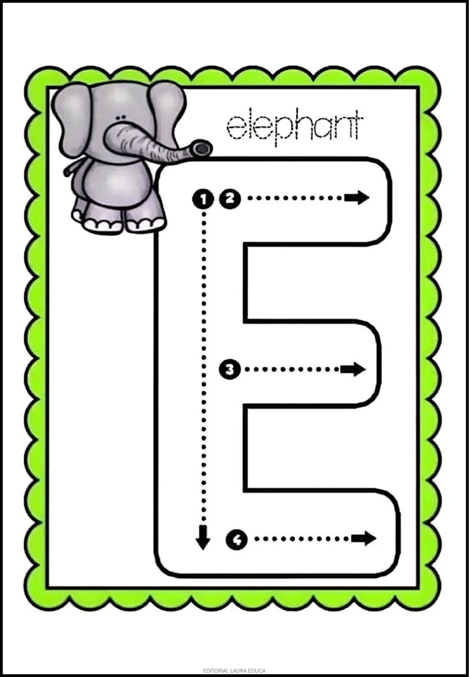 Alphabet tracing card E: uppercase E with four numbered strokes and an elephant labeled 'elephant'