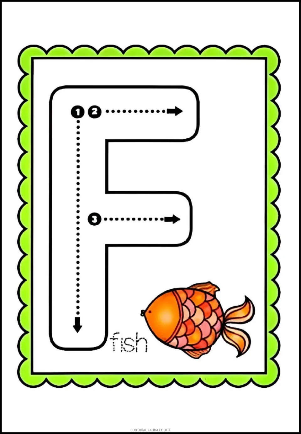 Alphabet tracing card F: uppercase F with three numbered strokes and a fish beside the dotted word 'fish'