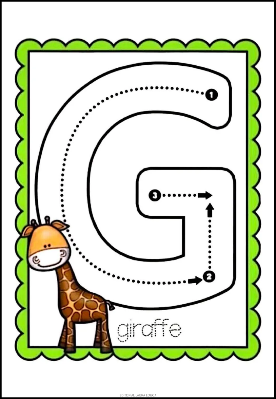 Alphabet tracing card G: uppercase G with three numbered strokes and a giraffe labeled 'giraffe'