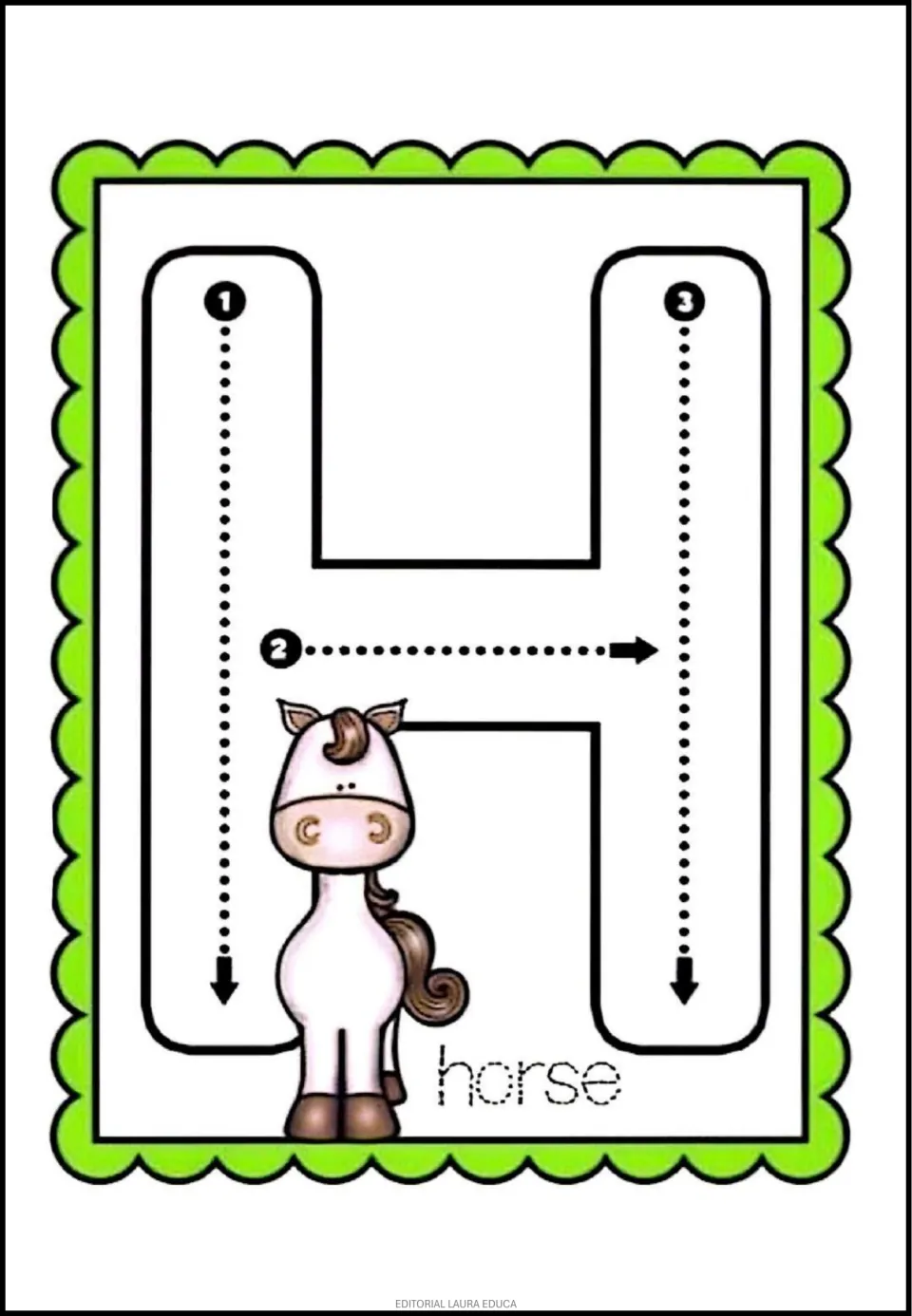 Alphabet tracing card H: uppercase H with three numbered strokes and a horse beside the dotted word 'horse'