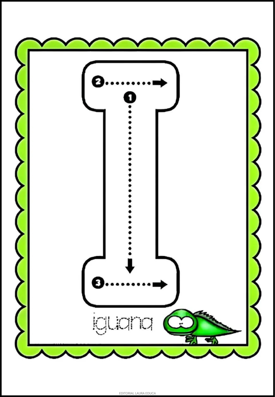 Alphabet tracing card I: uppercase I with three numbered strokes and an iguana labeled 'iguana'
