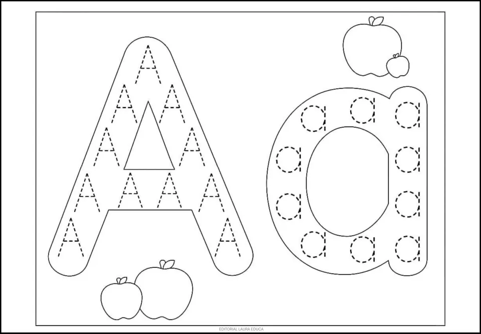 Letter A tracing page: uppercase A and lowercase a filled with dotted letters to trace, plus apples to color