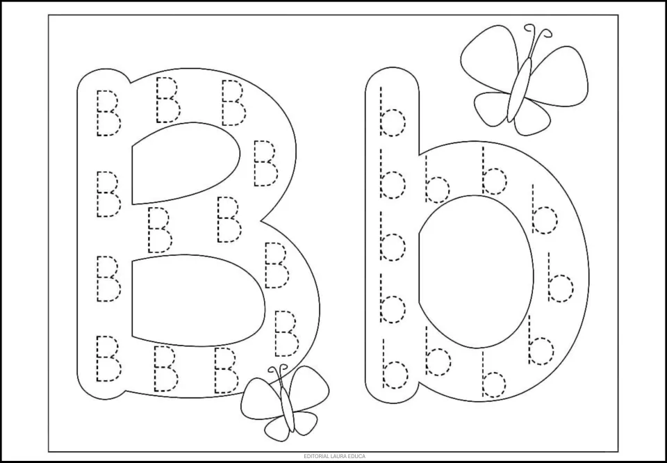 Letter B tracing page: uppercase B and lowercase b filled with dotted letters, plus butterflies to color