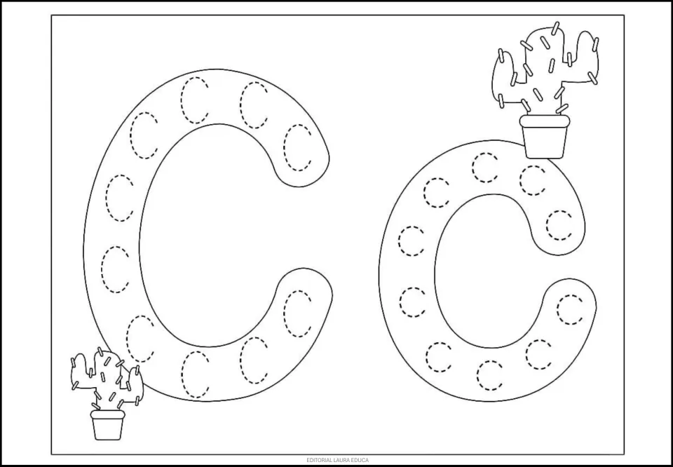 Letter C tracing page: uppercase C and lowercase c filled with dotted letters, plus potted cacti to color