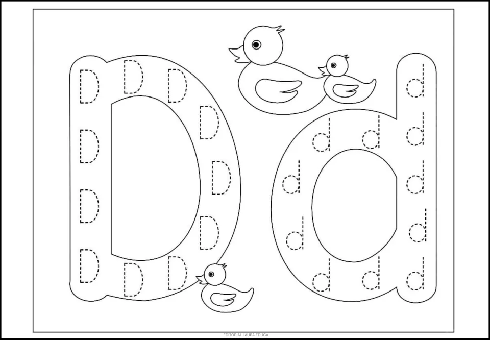 Letter D tracing page: uppercase D and lowercase d filled with dotted letters to trace, plus ducks to color