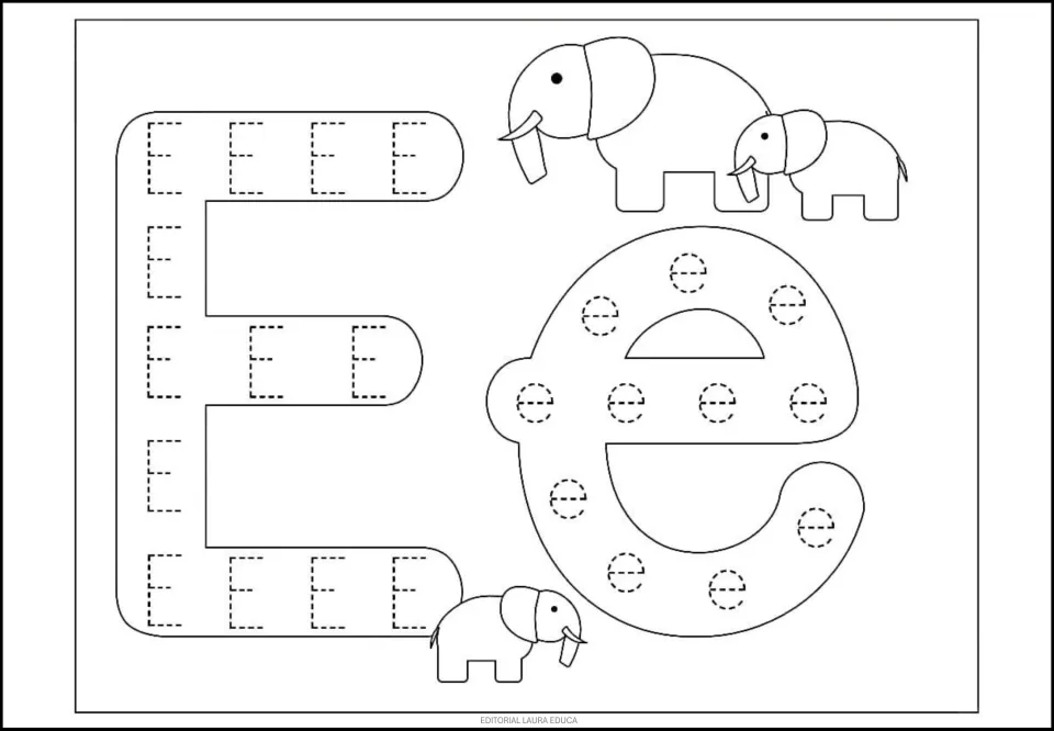Letter E tracing page: uppercase E and lowercase e filled with dotted letters, plus elephants to color