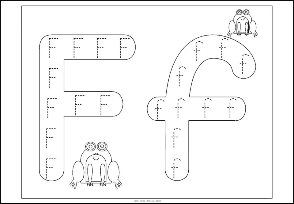 Letter F tracing page: uppercase F and lowercase f filled with dotted letters to trace, plus frogs to color