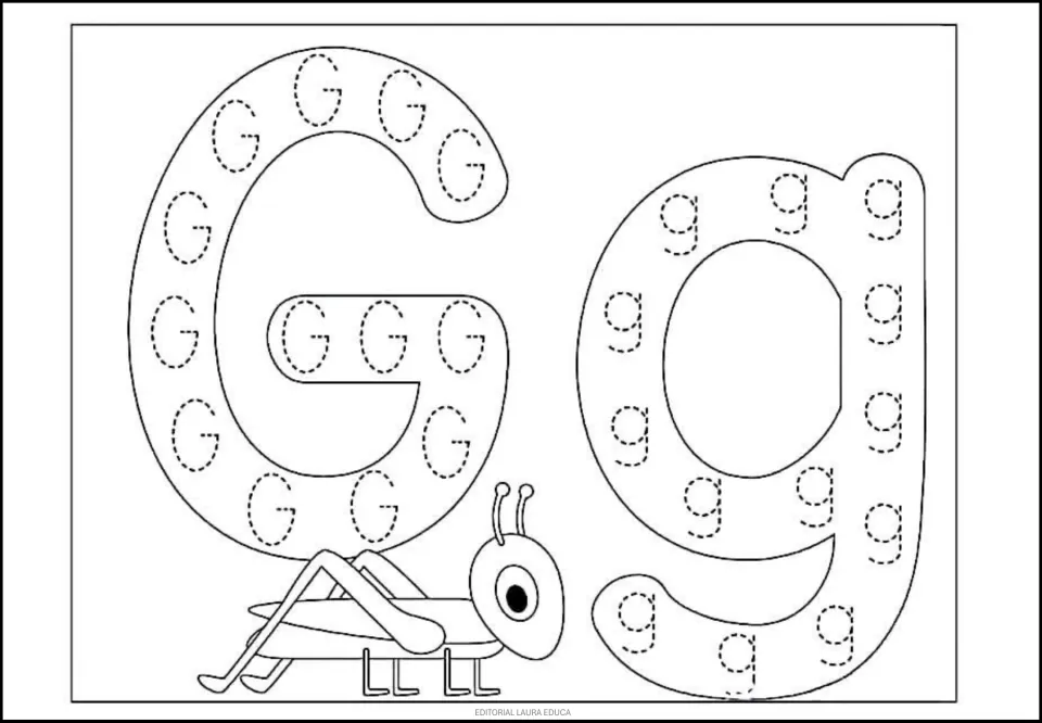 Letter G tracing page: uppercase G and lowercase g filled with dotted letters, plus a grasshopper to color