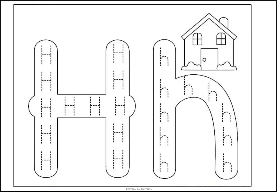 Letter H tracing page: uppercase H and lowercase h filled with dotted letters to trace, plus a house to color