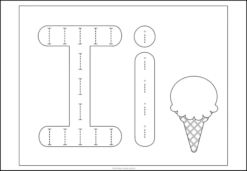 Letter I tracing page: uppercase I and lowercase i filled with dotted letters, plus an ice cream cone to color