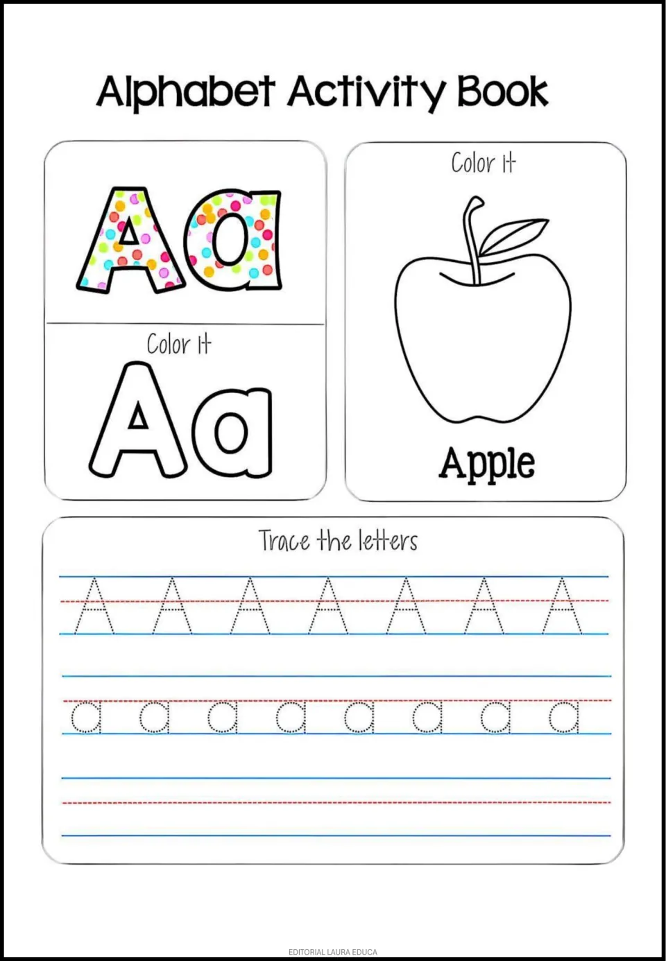 Letter A: students color dotted and outlined Aa letters and an apple picture, then trace dotted uppercase A and lowercase a