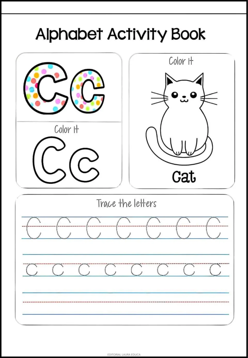 Letter C: students color Cc outline letters and a sitting cat labeled Cat, then trace dotted uppercase C and lowercase c