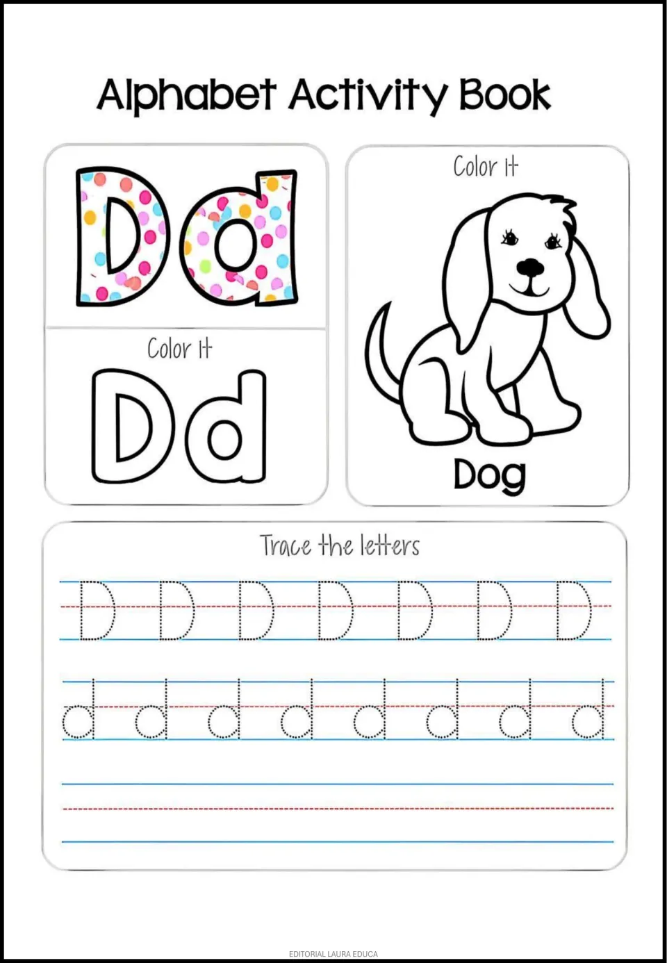 Letter D: students color Dd and a puppy labeled Dog, then practise letter formation by tracing dotted D and d across rows