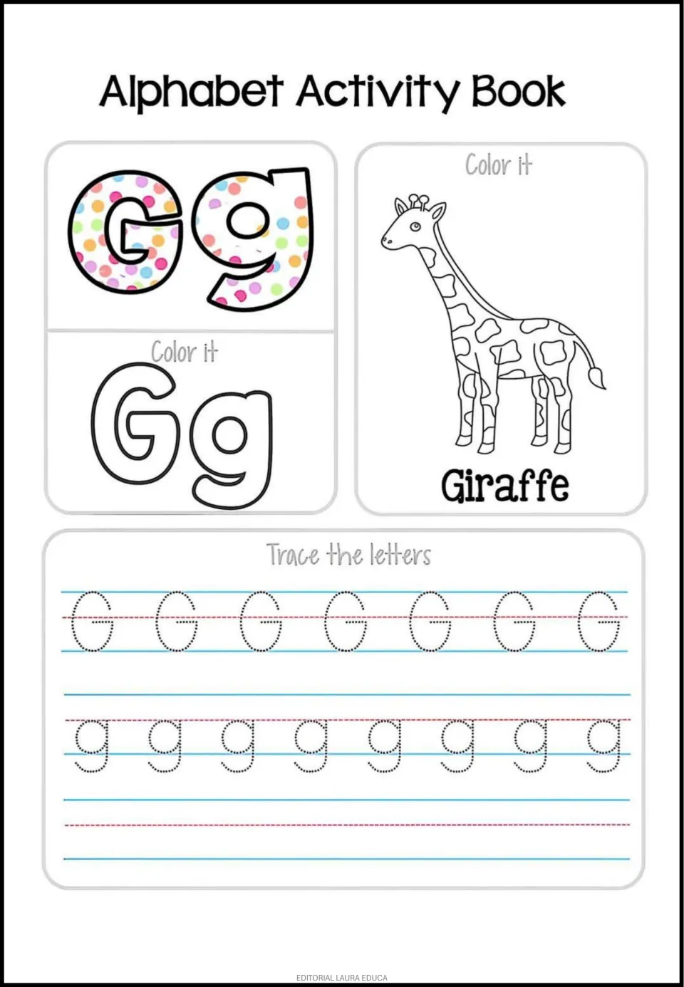 Letter G: students color Gg letters and a giraffe labeled Giraffe, then trace dotted G and g, where the g tail drops low