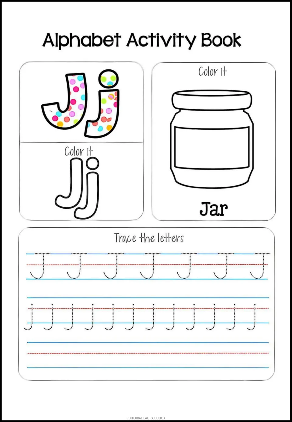 Letter J: students color Jj letters and a jar labeled Jar, then trace rows of dotted uppercase J and lowercase j with hooks