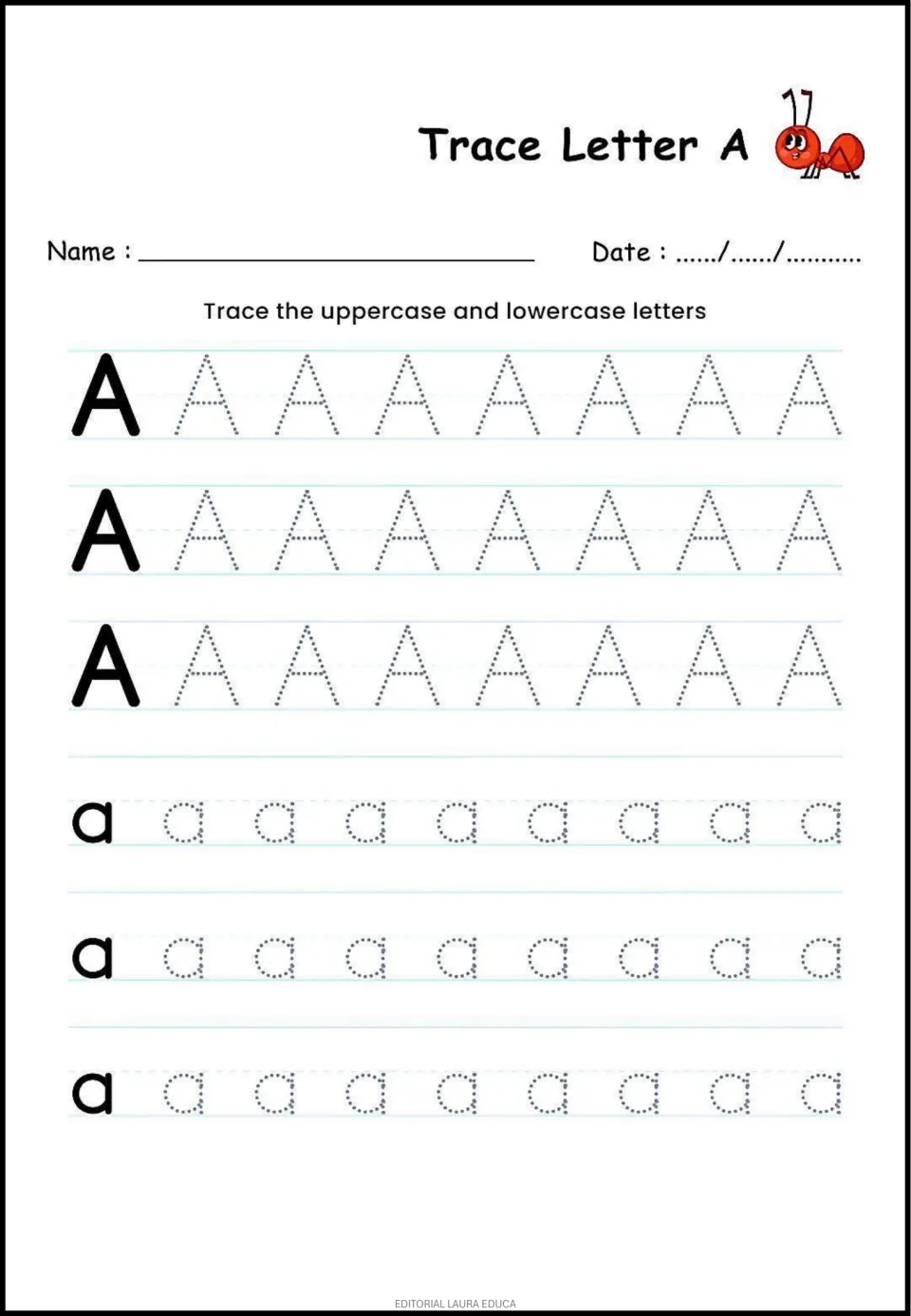 Letter A tracing practice: uppercase A and lowercase a, each repeated across three rows for handwriting practice.