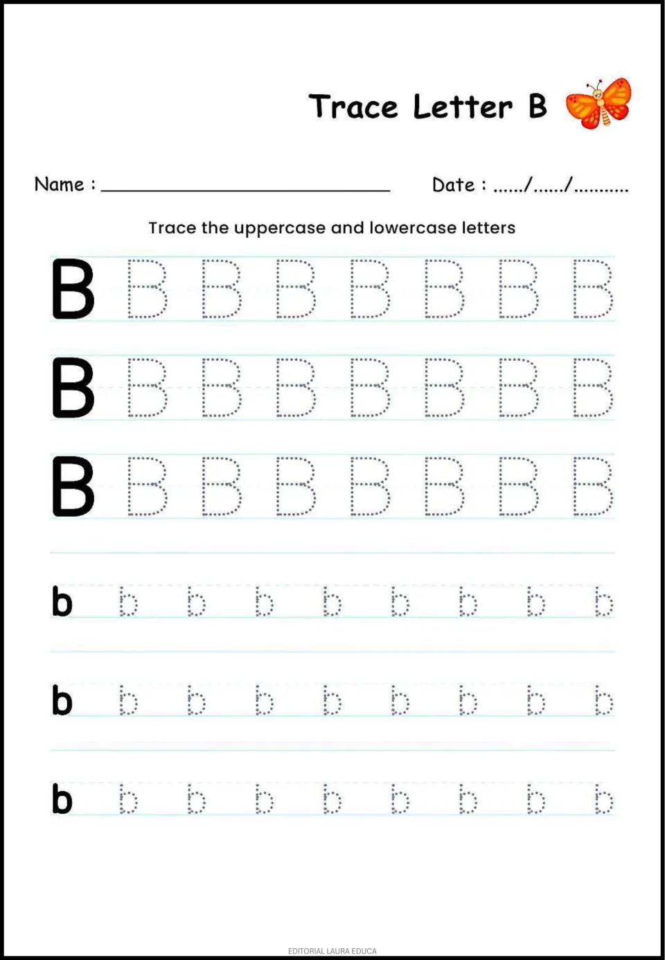 Letter B tracing practice: uppercase B and lowercase b, each repeated across three rows for handwriting practice.