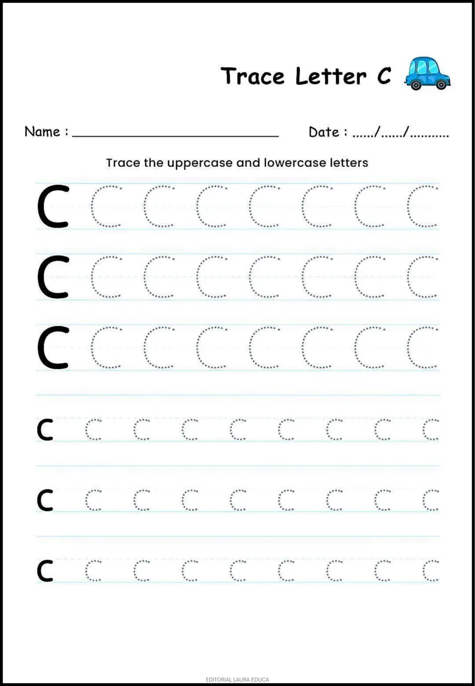 Letter C tracing practice: uppercase C and lowercase c, each repeated across three rows for handwriting practice.