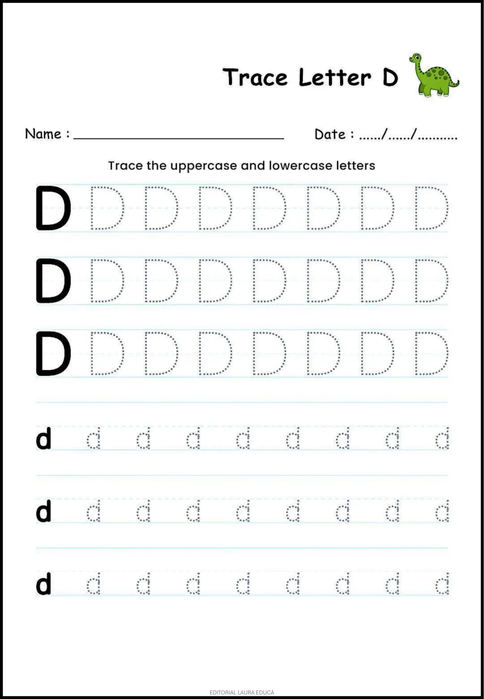 Letter D tracing practice: uppercase D and lowercase d, each repeated across three rows for handwriting practice.