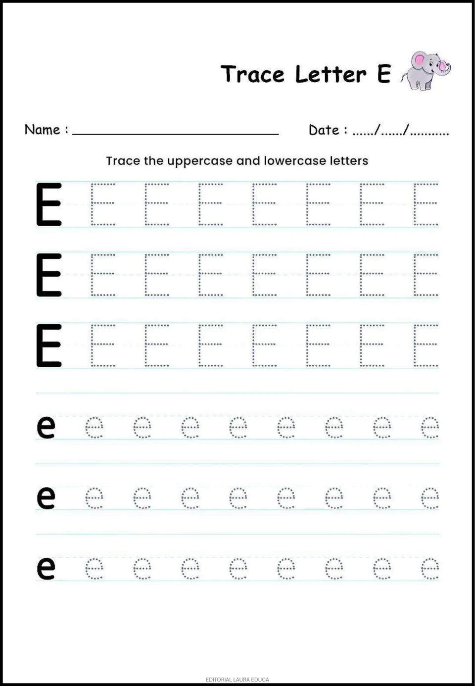 Letter E tracing practice: uppercase E and lowercase e, each repeated across three rows for handwriting practice.