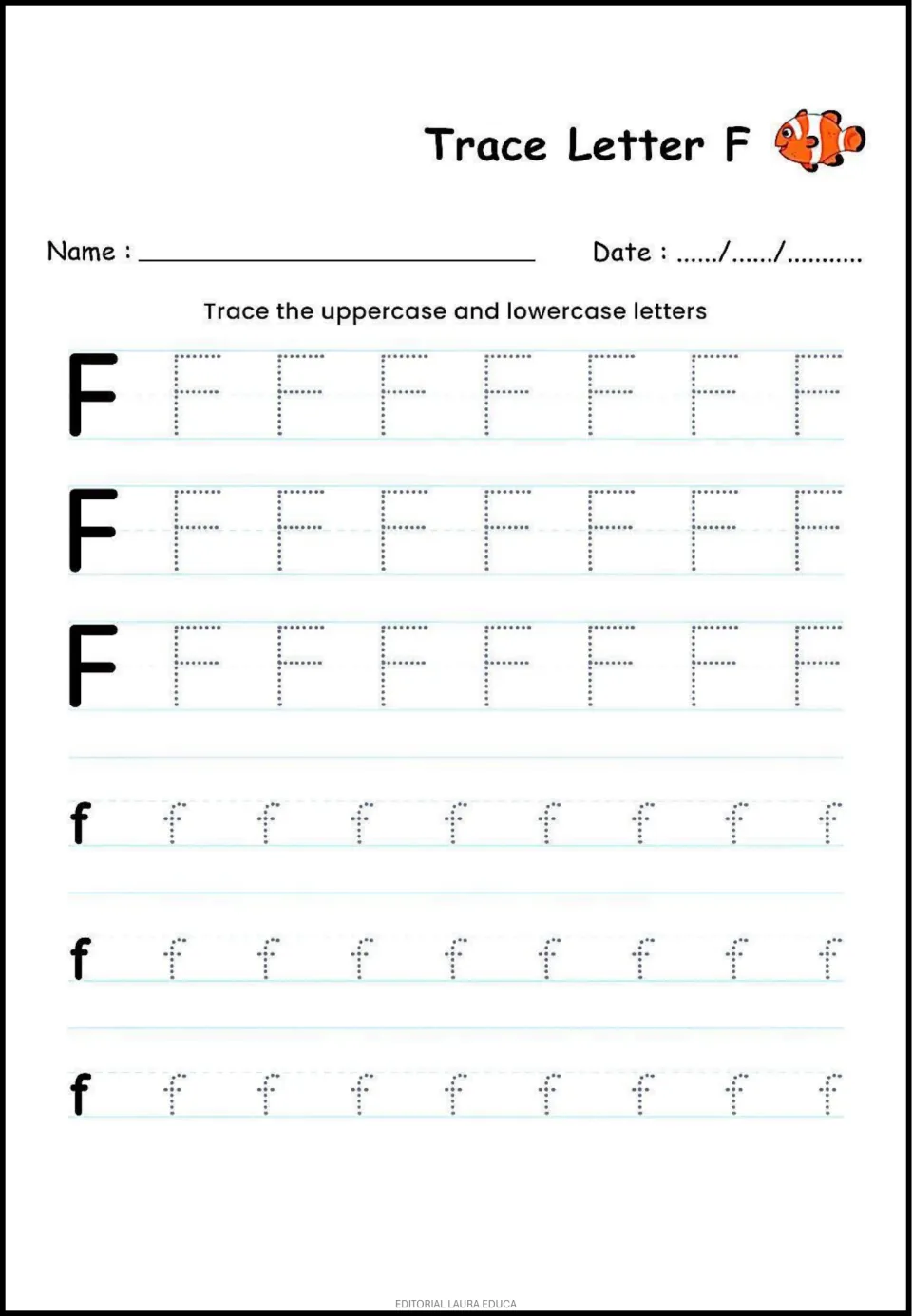 Letter F tracing practice: uppercase F and lowercase f, each repeated across three rows for handwriting practice.