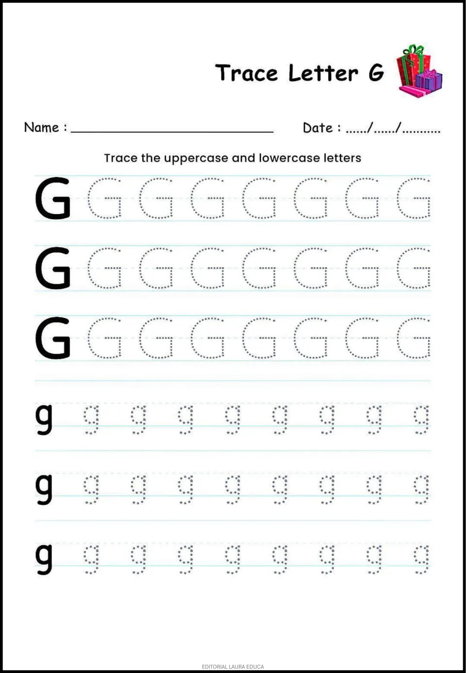 Letter G tracing practice: uppercase G and lowercase g, each repeated across three rows for handwriting practice.