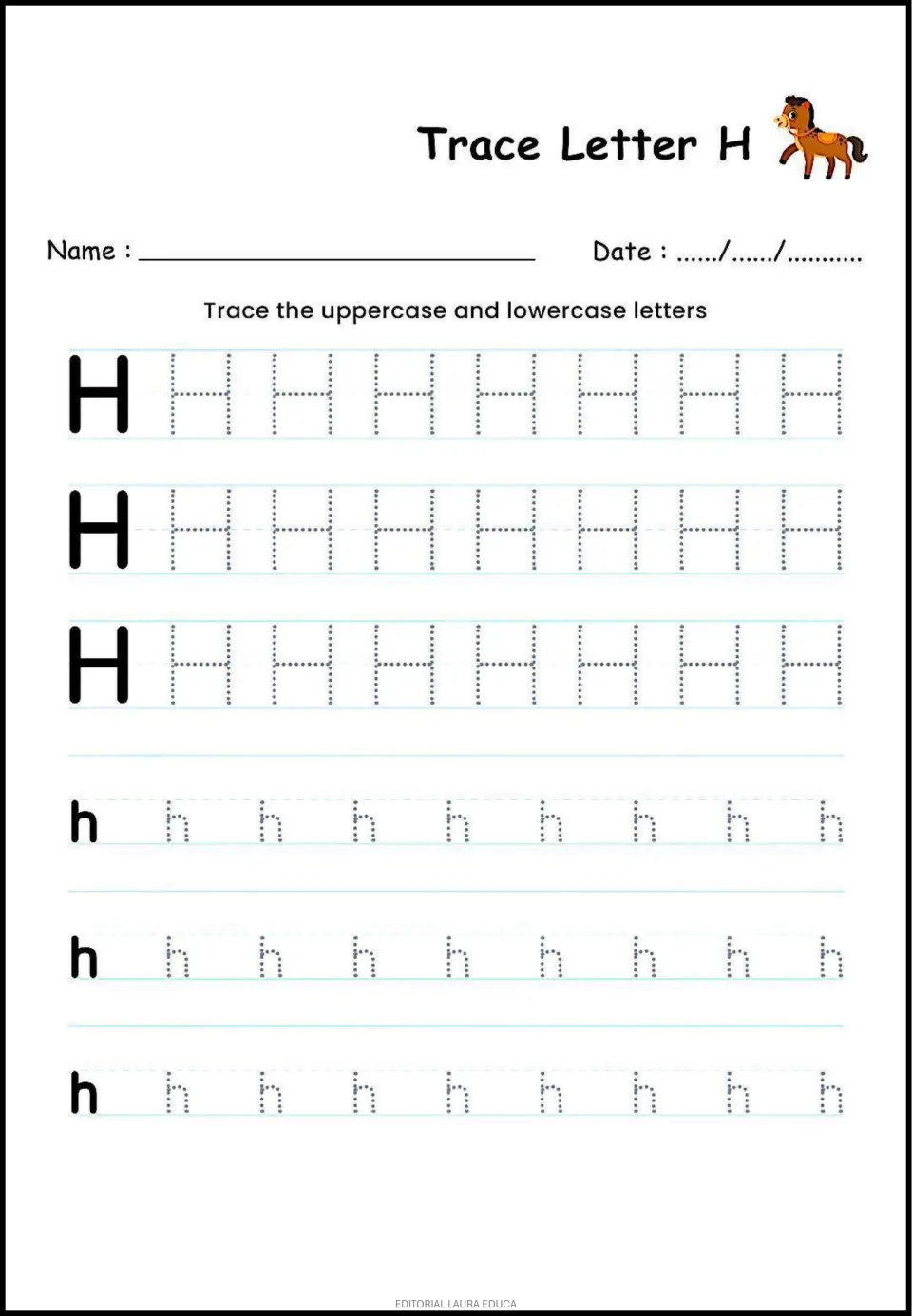 Letter H tracing practice: uppercase H and lowercase h, each repeated across three rows for handwriting practice.