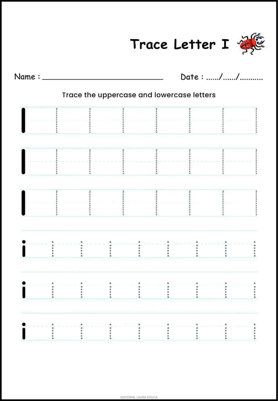 Letter I tracing practice: uppercase I and lowercase i, each repeated across three rows for handwriting practice.
