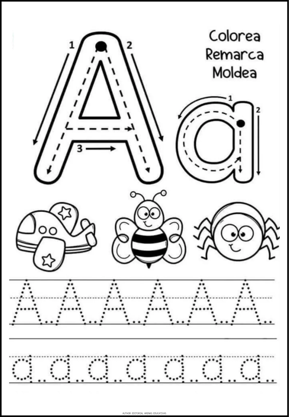 Spanish vowel A practice: uppercase and lowercase tracing models, plus airplane, bee, and spider coloring pictures