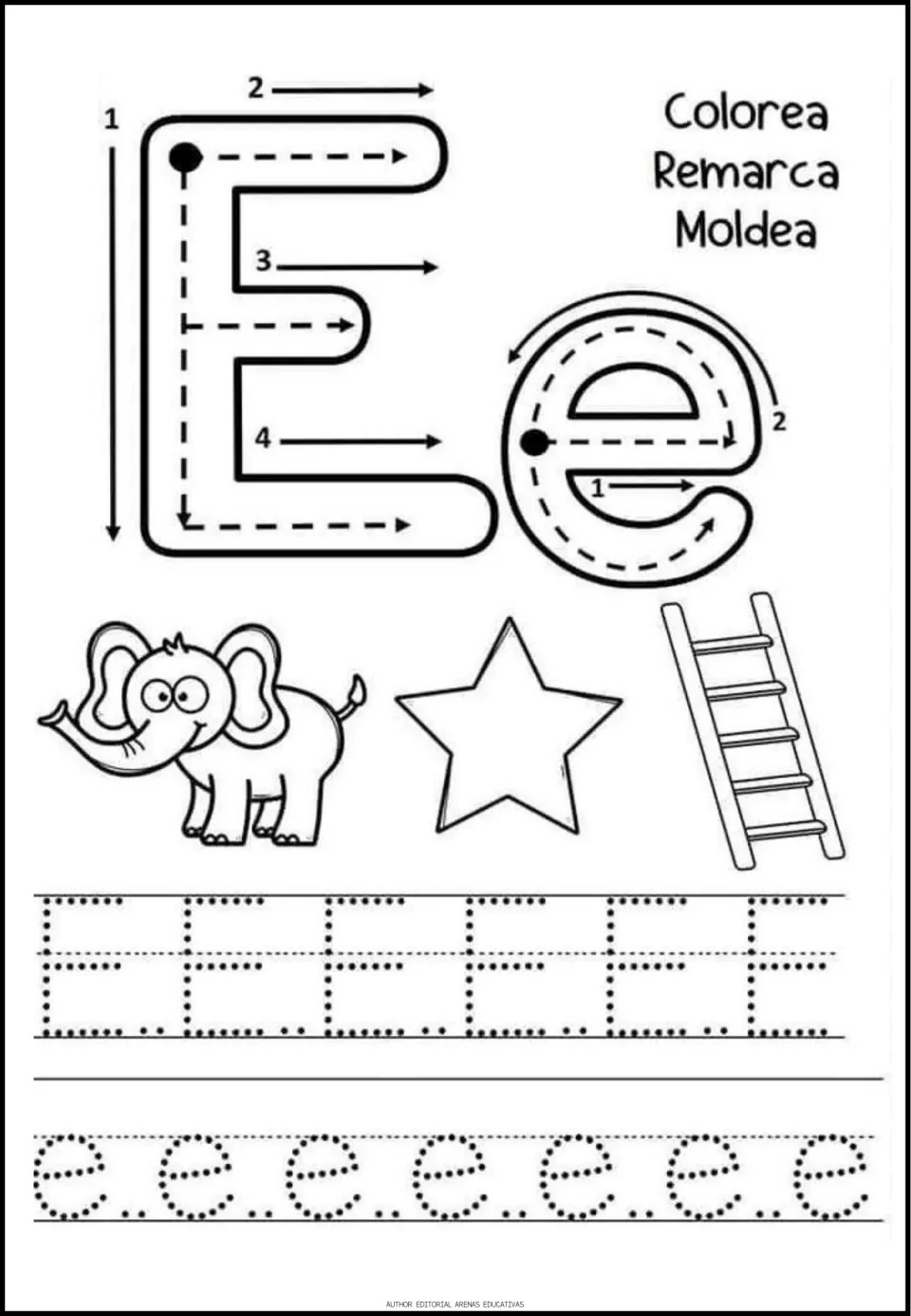 Spanish vowel E practice: uppercase and lowercase tracing models, plus elephant, star, and ladder coloring pictures