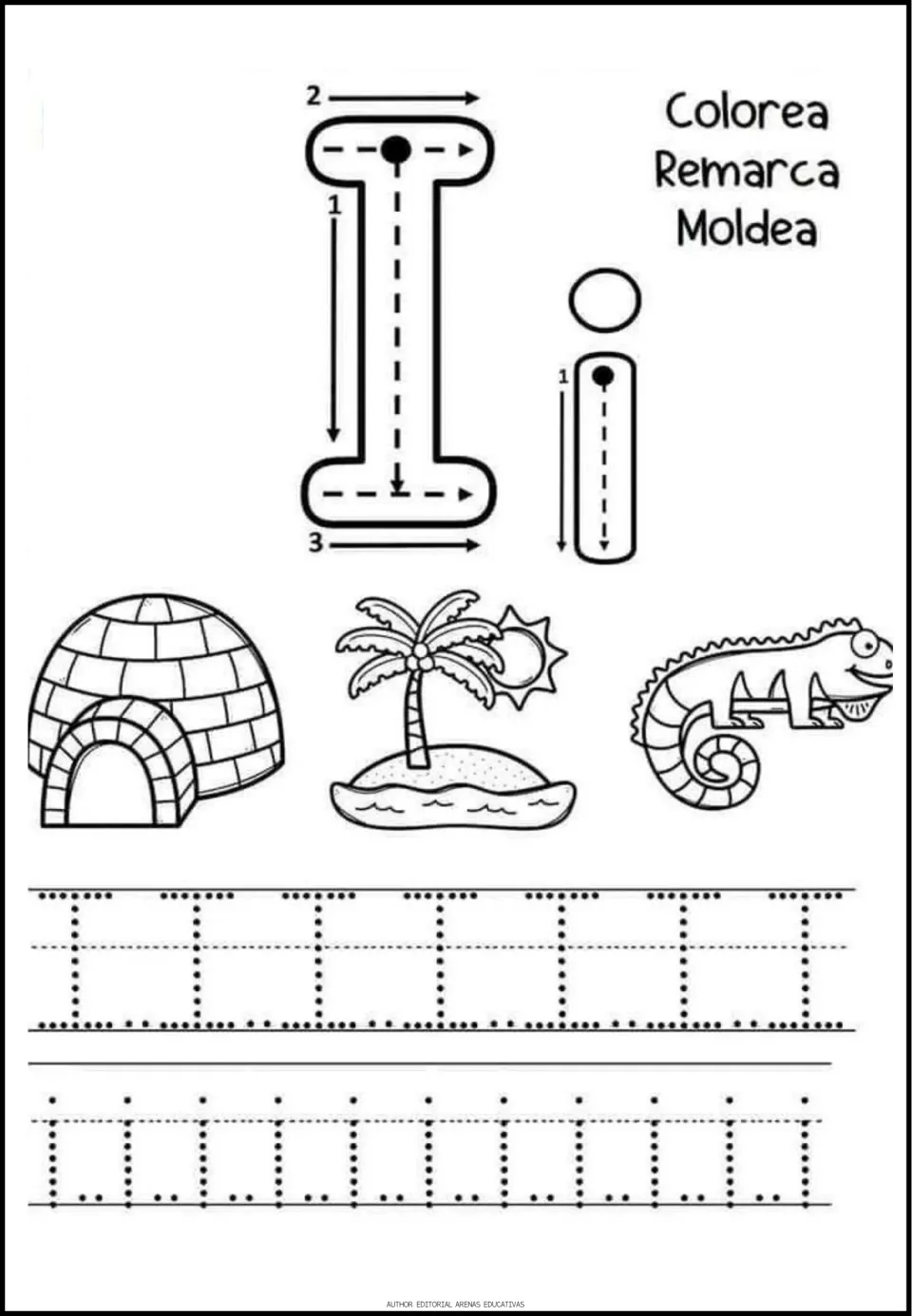 Spanish vowel I practice: uppercase and lowercase tracing models, plus igloo, island, and iguana coloring pictures