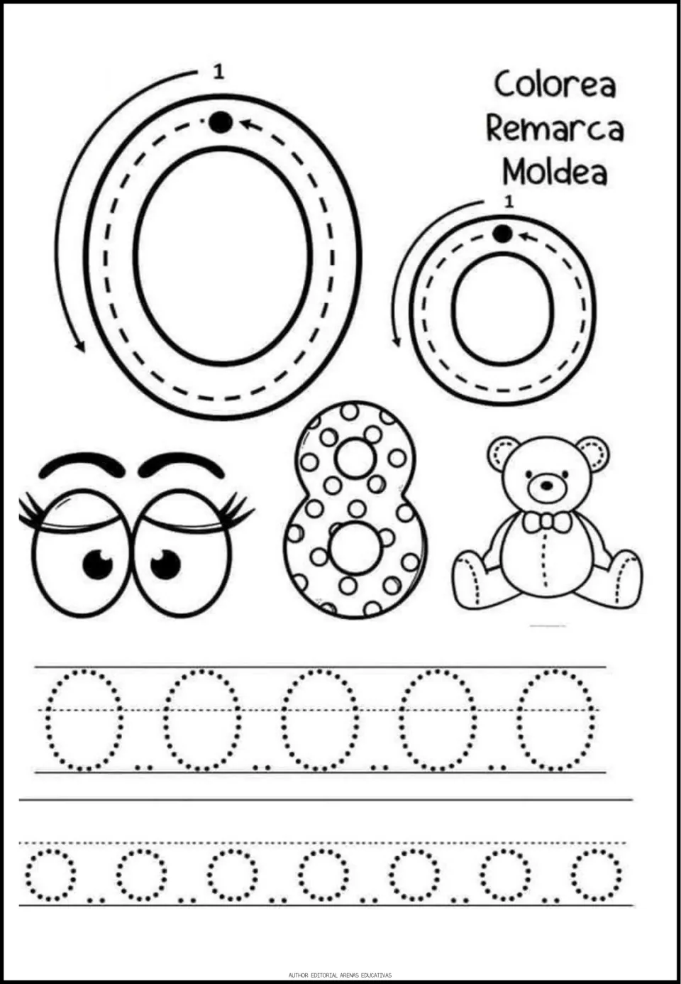 Spanish vowel O practice: uppercase and lowercase tracing models, plus eyes, eight, and teddy bear coloring pictures