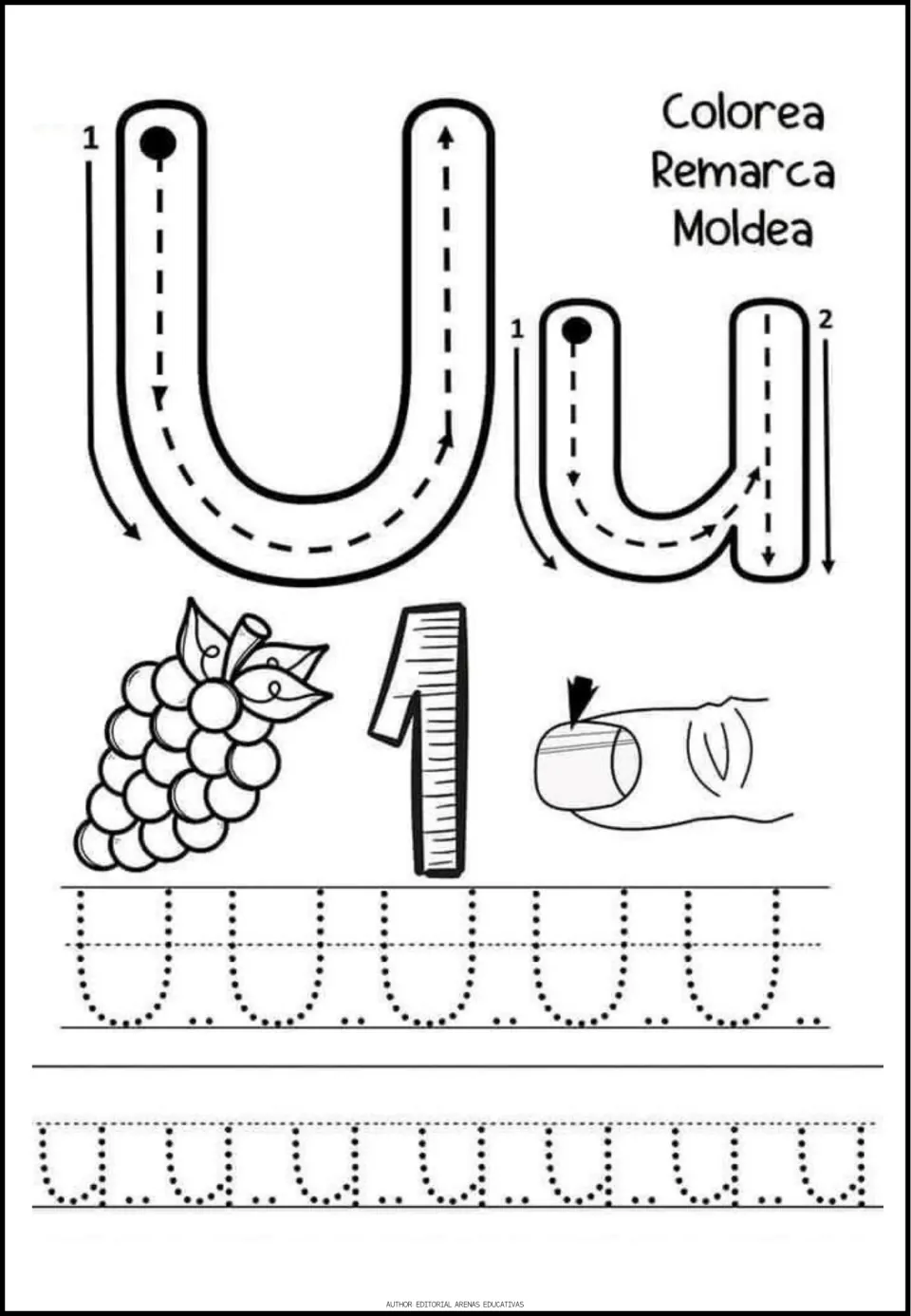 Spanish vowel U practice: uppercase and lowercase tracing models, plus grapes, one, and fingernail coloring pictures