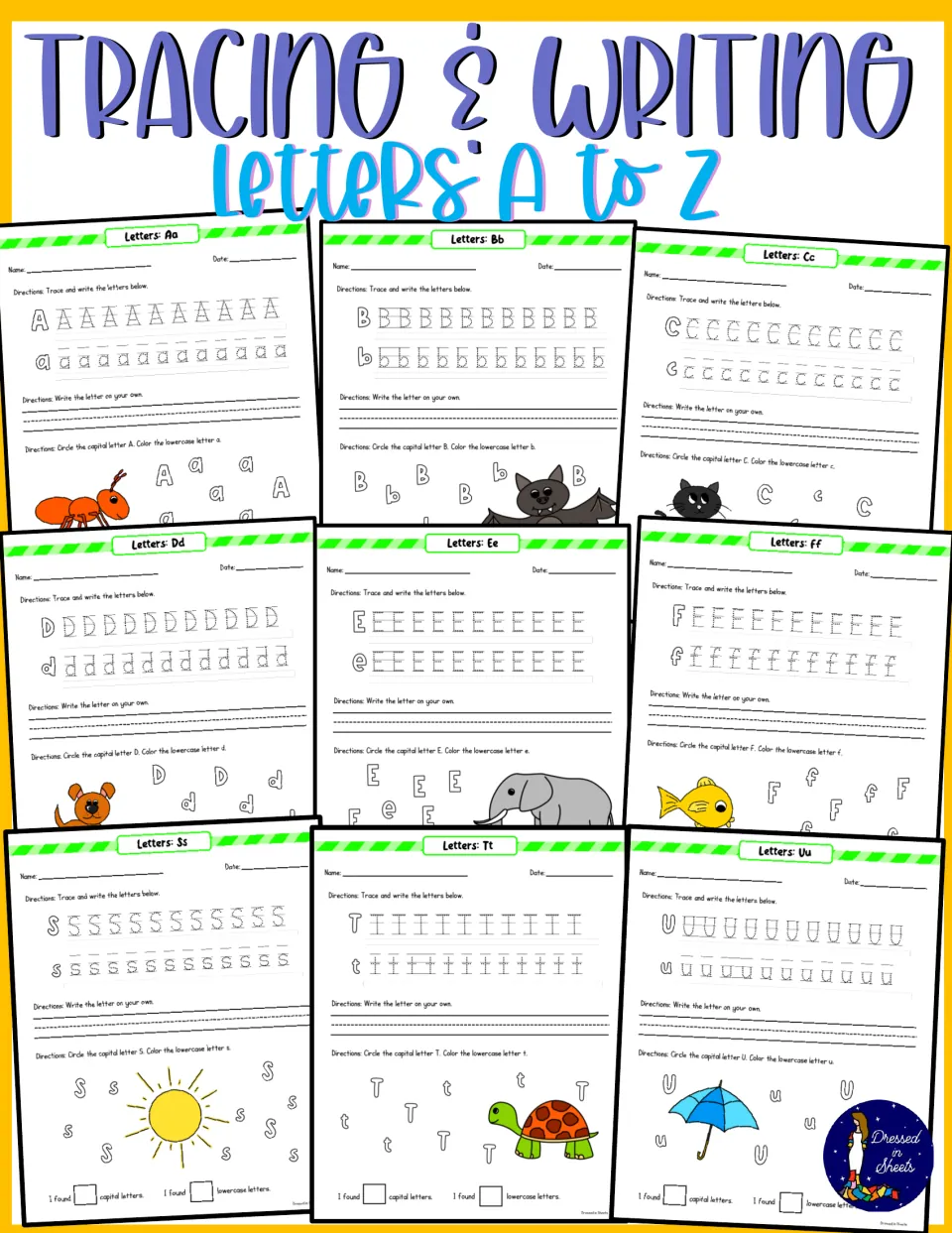 Tracing & Writing Letters A to Z cover showing sample pages for Aa to Ff and Ss to Uu, each with a matching picture