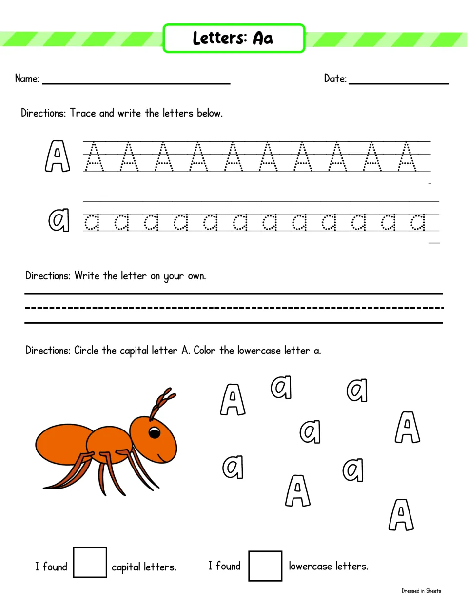Letter Aa handwriting: trace A and a, write the letter alone, then circle capital A and color lowercase a beside an ant