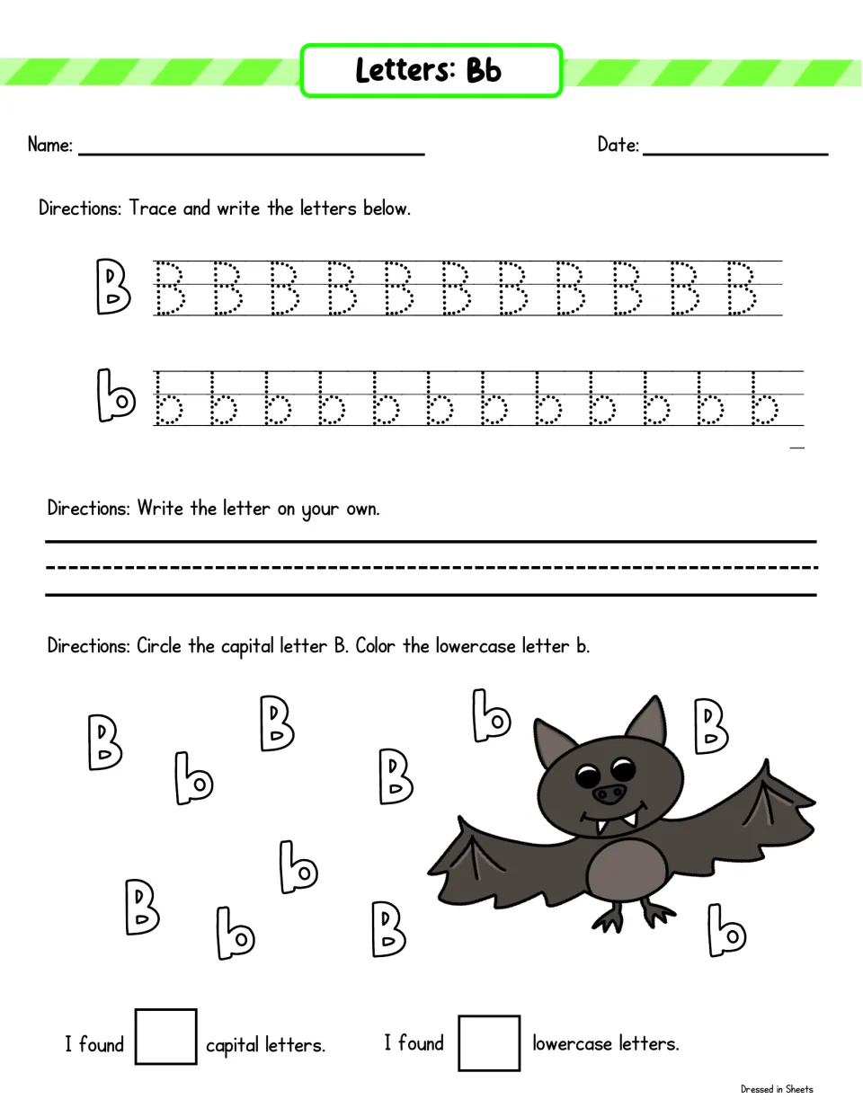 Letter Bb practice: students trace B and b, write it on their own, then find capital B and lowercase b around a bat