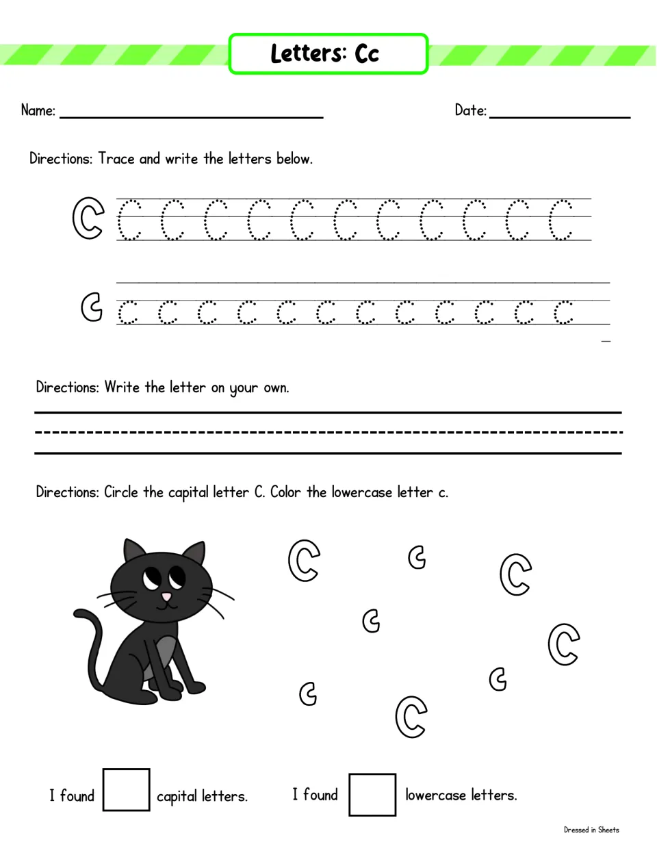 Letter Cc tracing and letter hunt: trace C and c, write it alone, circle each C and color each c near a cat
