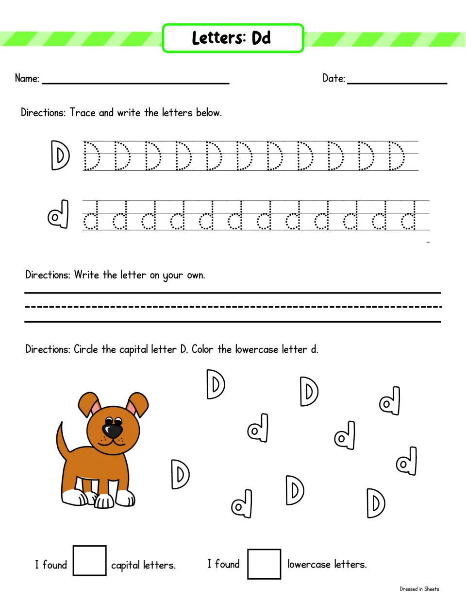Letter Dd writing practice: trace D and d, write D on the line, then circle capital D, color lowercase d and count both