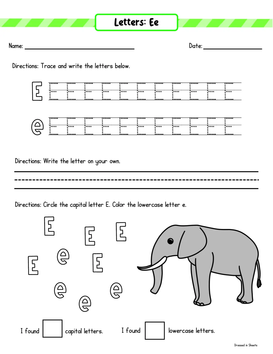 Letter Ee: trace two rows of dotted capital E, write E alone, then circle capital E and color lowercase e by an elephant