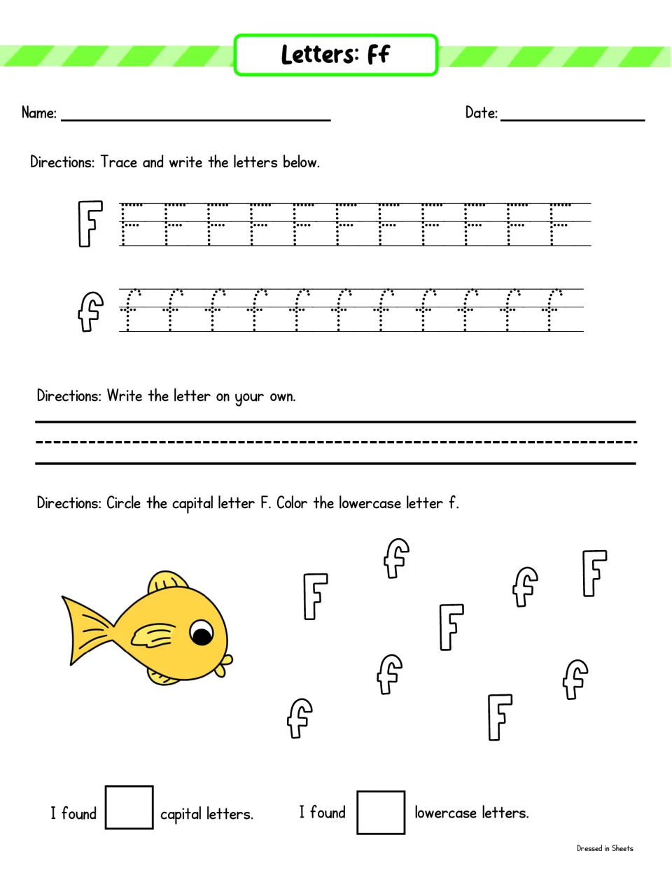 Letter Ff handwriting: trace F and f, write the letter freely, then circle capital F and color lowercase f by a fish