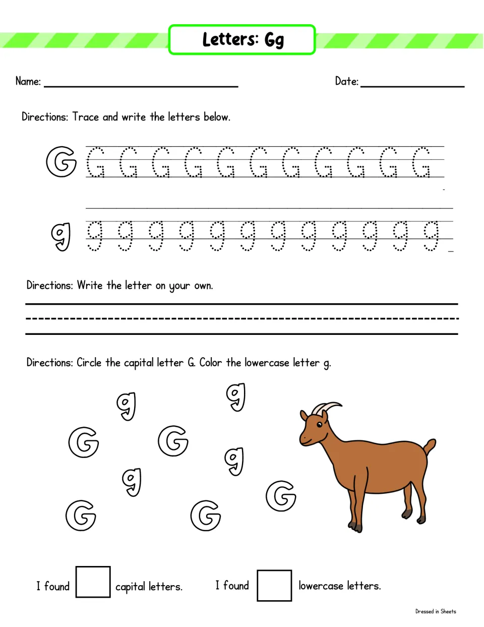Letter Gg tracing: follow G and g, write G on your own, then sort capital G from lowercase g by circling and coloring