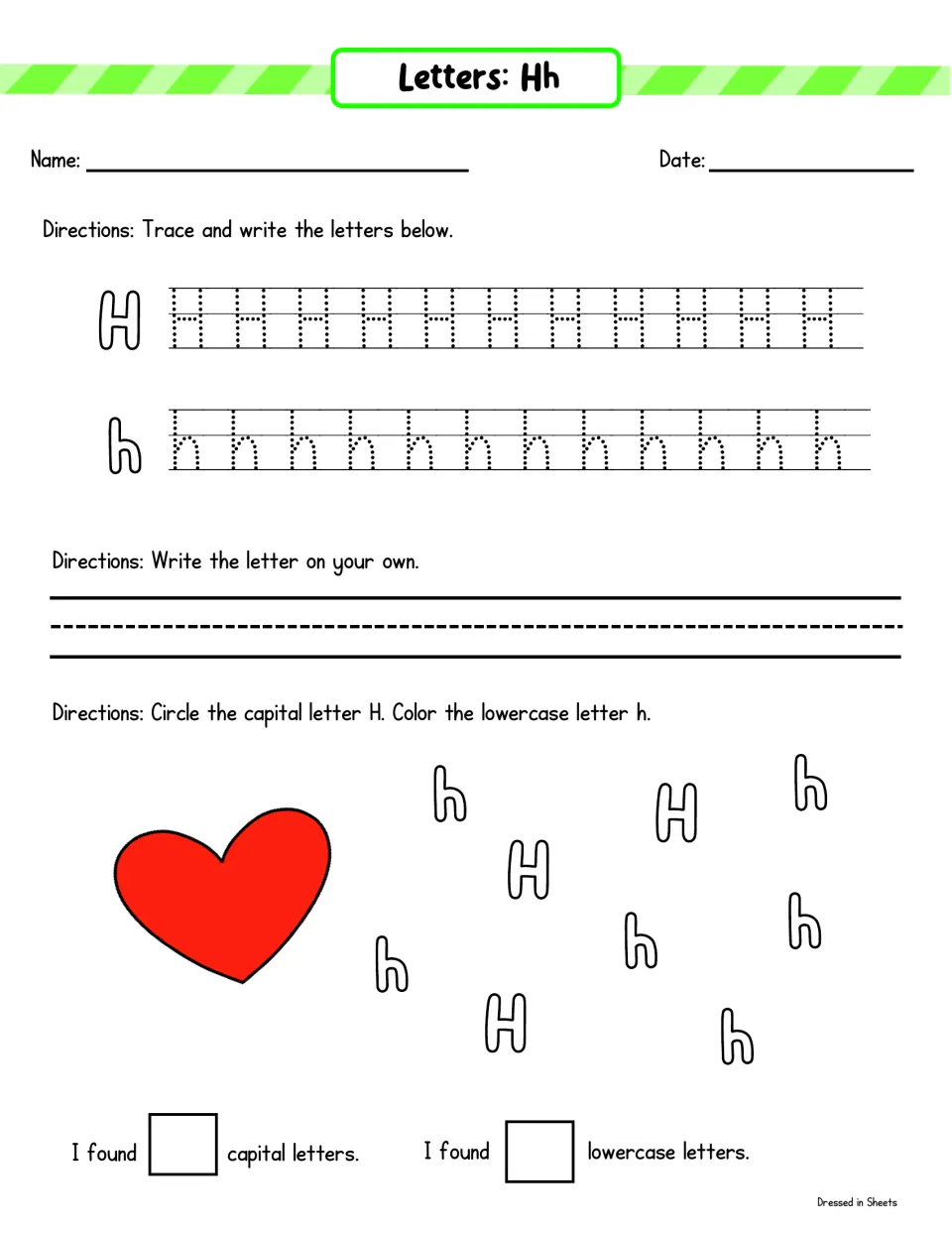 Letter Hh practice: trace H and h, write the letter alone, circle capital H, color lowercase h and record how many of each