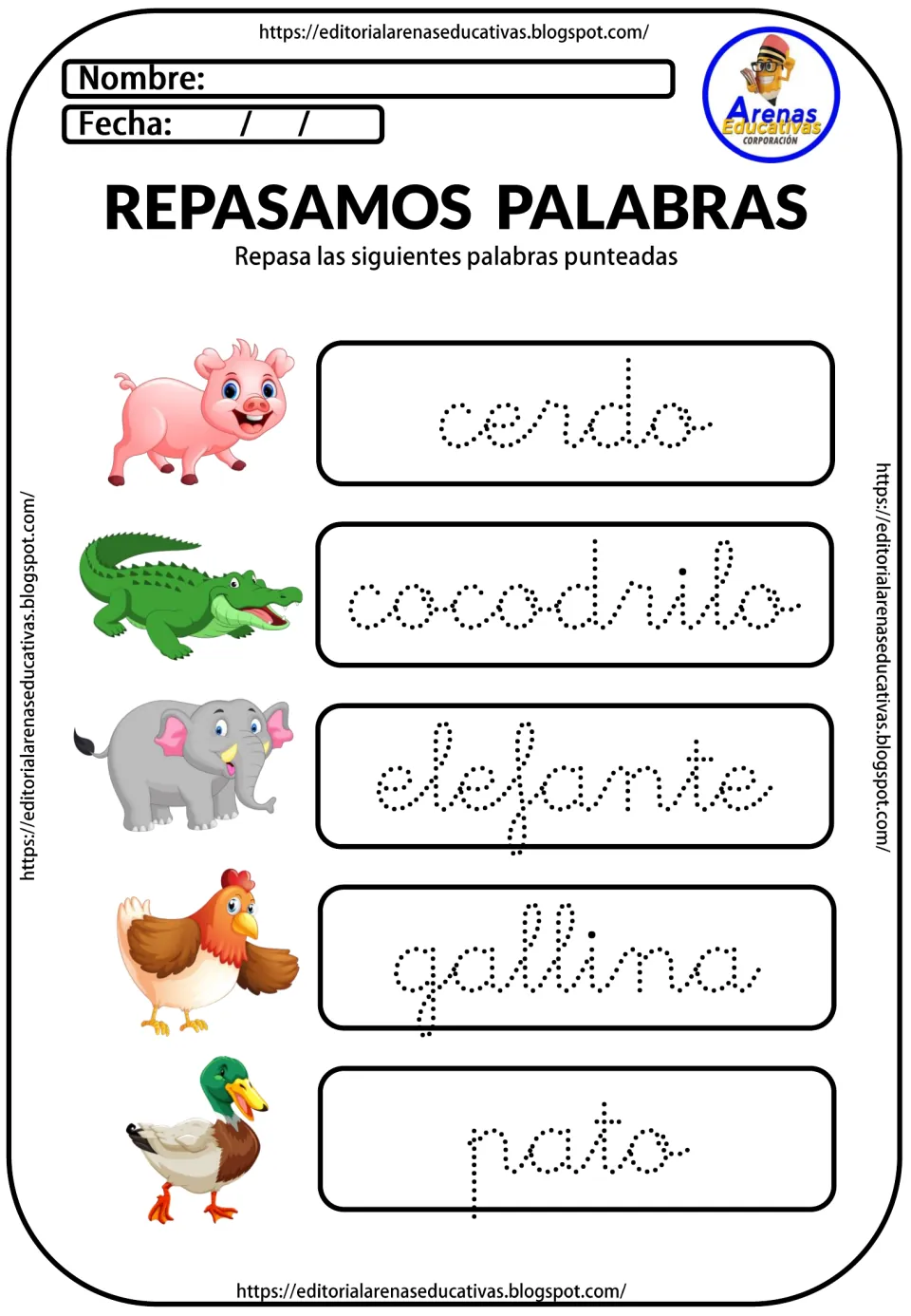 Spanish animal words: students trace dotted cursive cerdo, cocodrilo, elefante, gallina and pato beside each picture