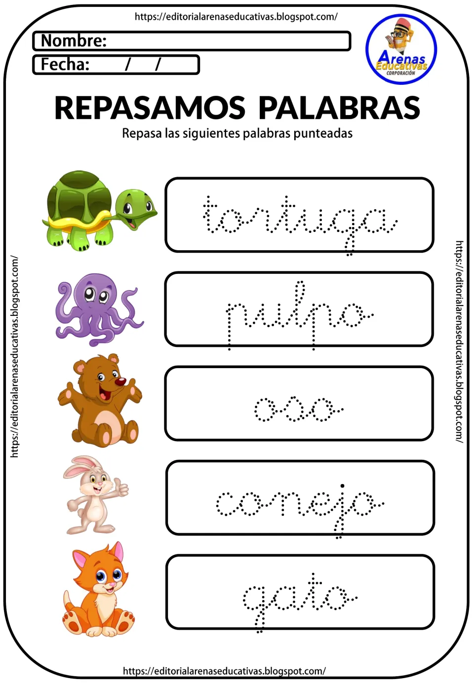 Spanish animal names: students trace dotted cursive tortuga, pulpo, oso, conejo and gato next to matching animal pictures