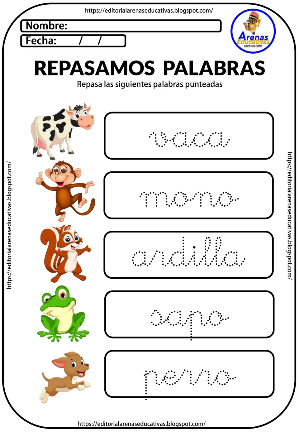 Spanish animal vocabulary: students trace dotted cursive vaca, mono, ardilla, sapo and perro beside each animal picture