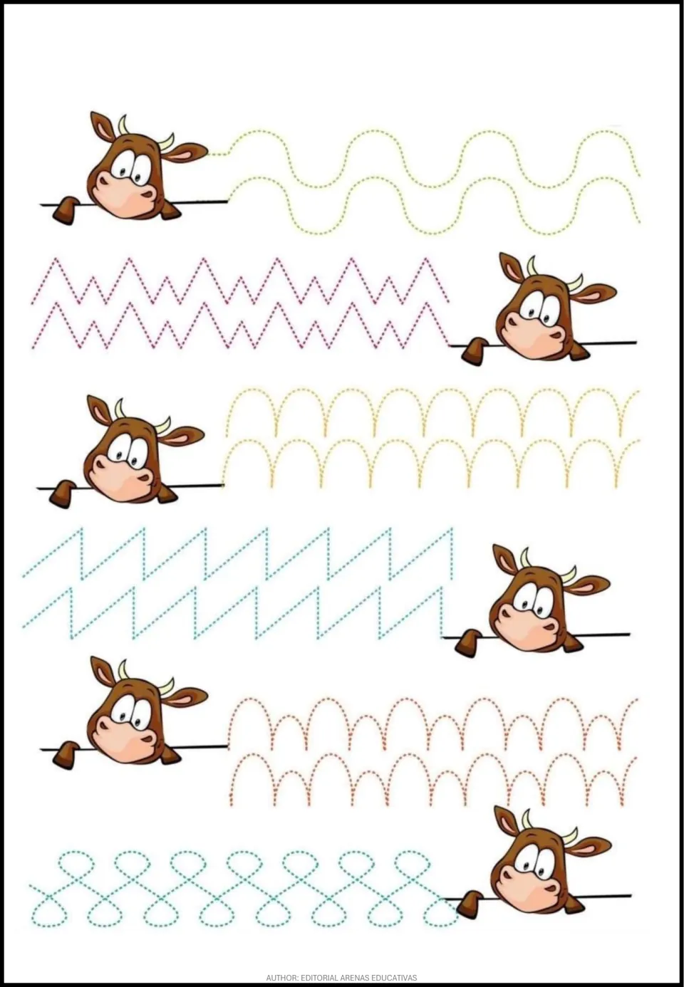 Tracing practice sheet 1 of 6: dotted waves, zigzags, repeated arches, angular strokes, and crossing loops