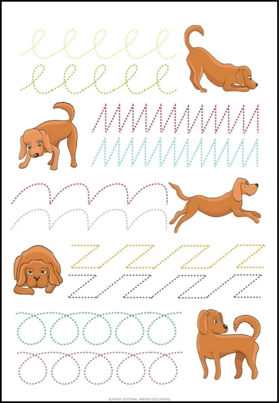 Tracing practice sheet 2 of 6: dotted upward loops, narrow peaks, curved humps, Z-shaped strokes, and ovals