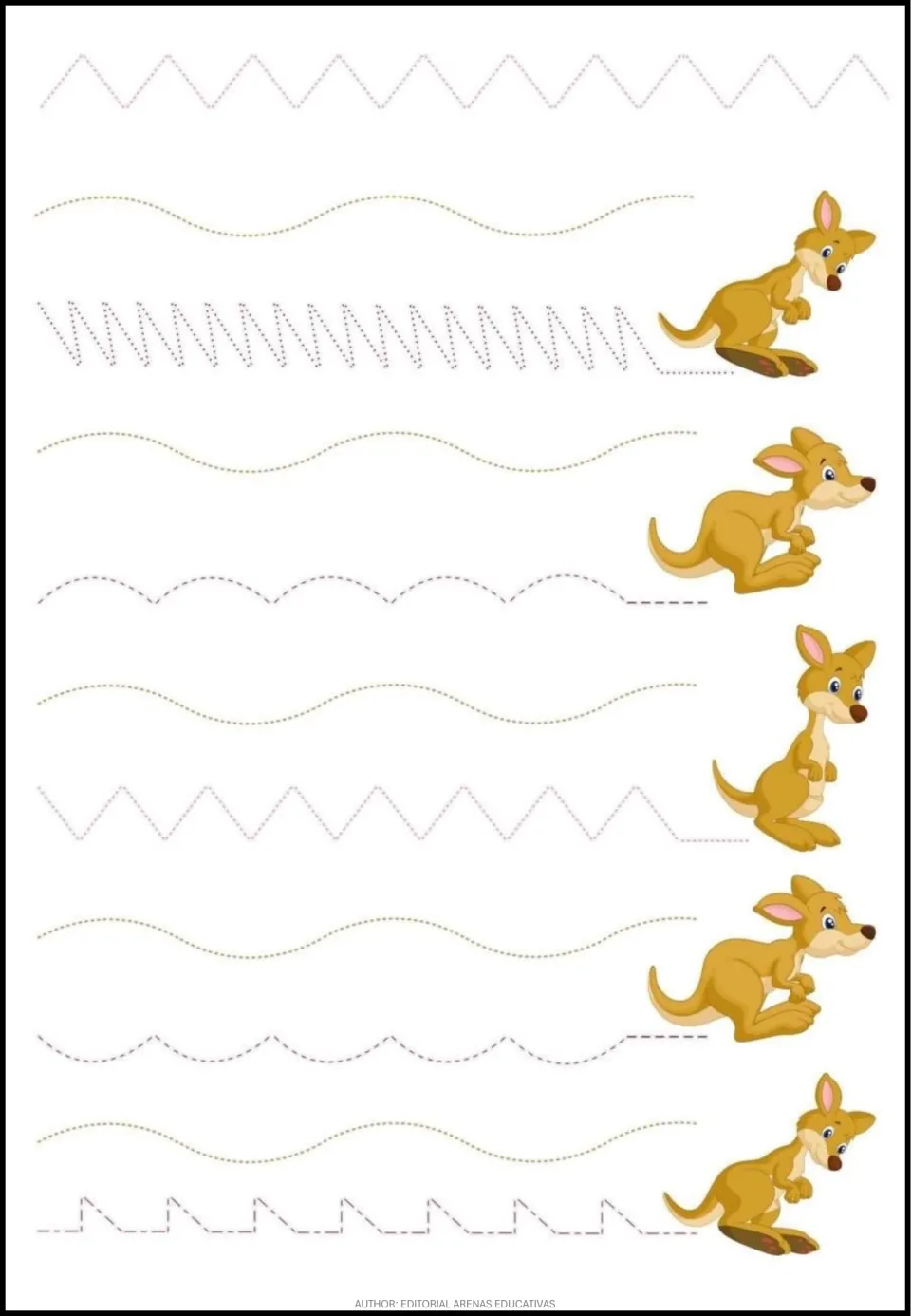 Tracing practice sheet 3 of 6: dotted zigzags, gentle waves, pointed strokes, scallops, and stepped patterns