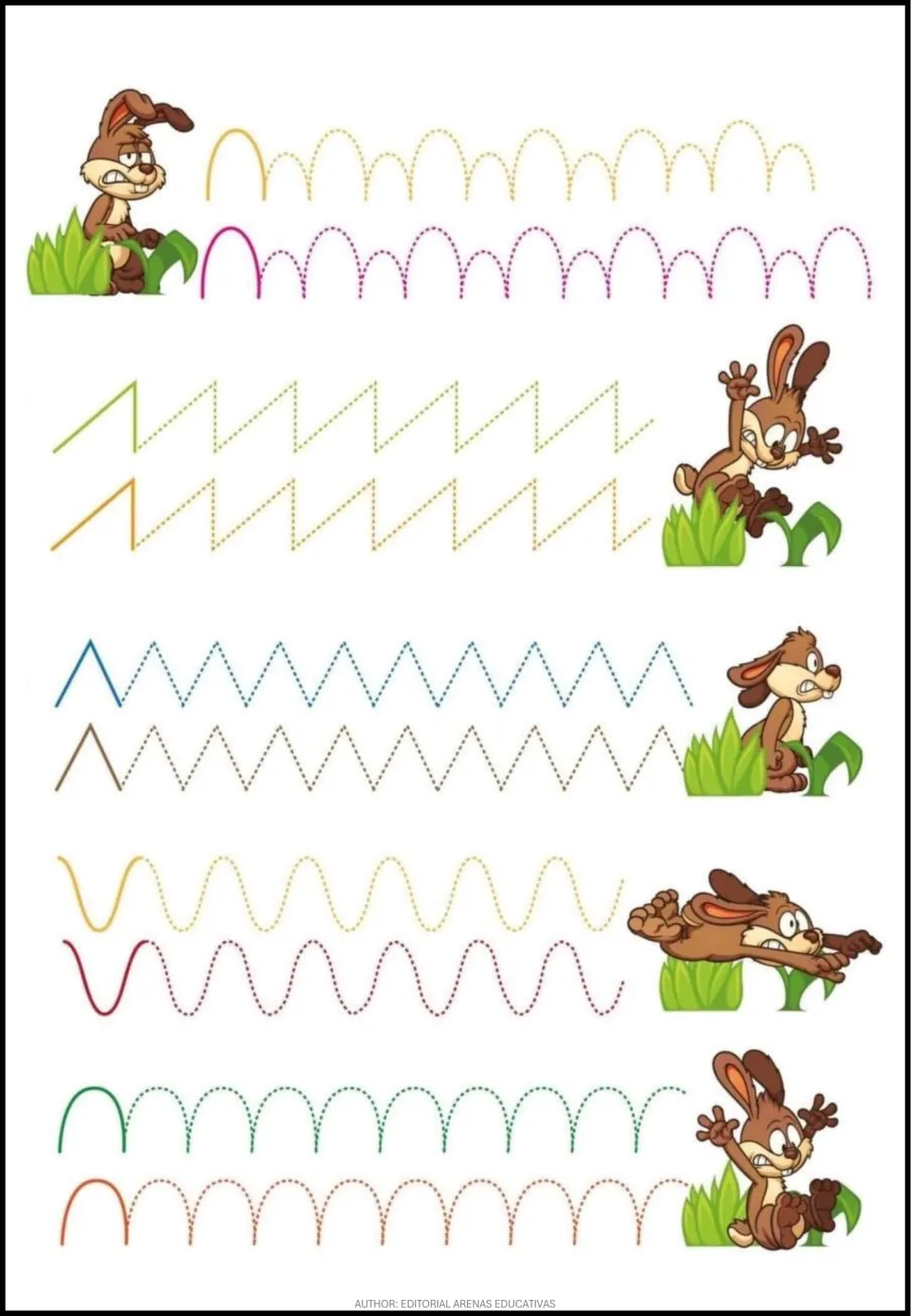 Tracing practice sheet 4 of 6: solid starting examples followed by dotted arches, sawtooth strokes, and waves